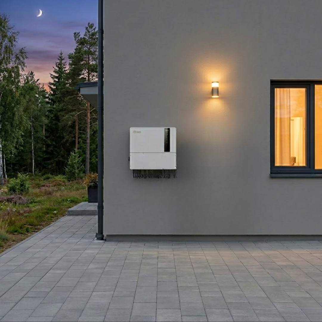 Växelriktare monterad på husfasad i skymning