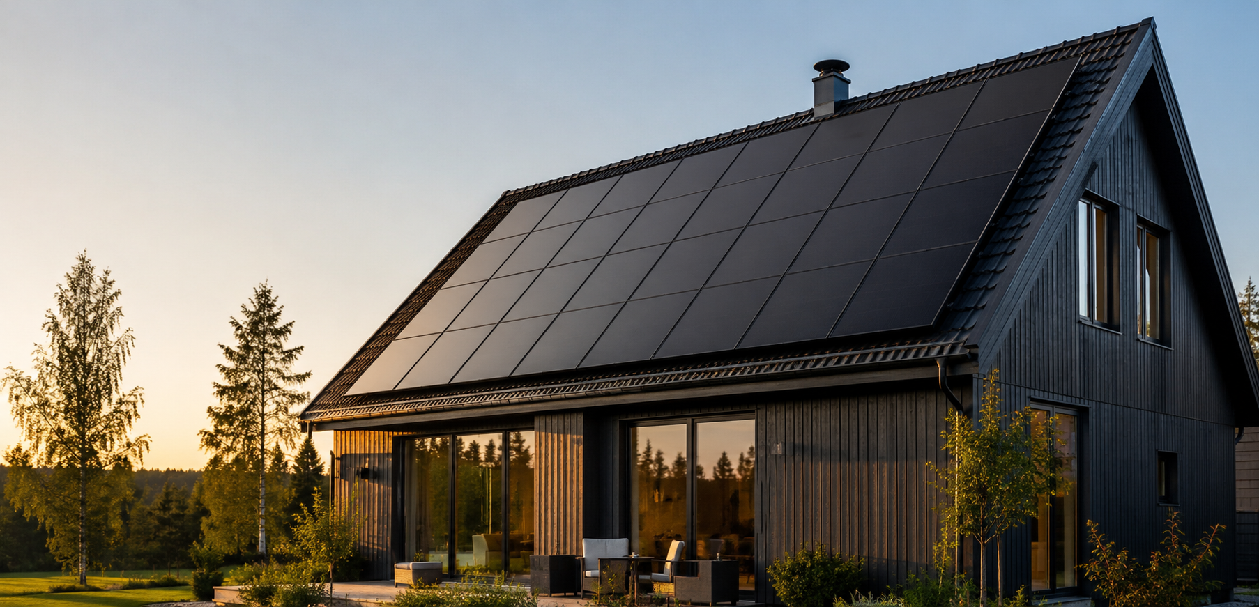 Modern skandinavisk villa med solpaneler i naturligt nordiskt ljus